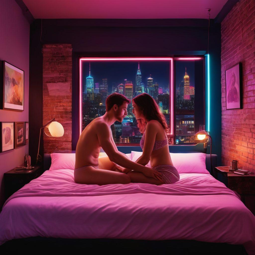A thought-provoking collage showcasing the duality of adult entertainment, featuring a serene, intimate bedroom setting contrasted with a bustling city nightlife filled with bright neon lights. Include diverse couples engaging in affection, alongside symbolic representations of desire and intimacy like intertwined hands and soft, warm lighting. Emphasize a sense of exploration and understanding of sexuality. surrealism. vibrant colors. intimate mood.