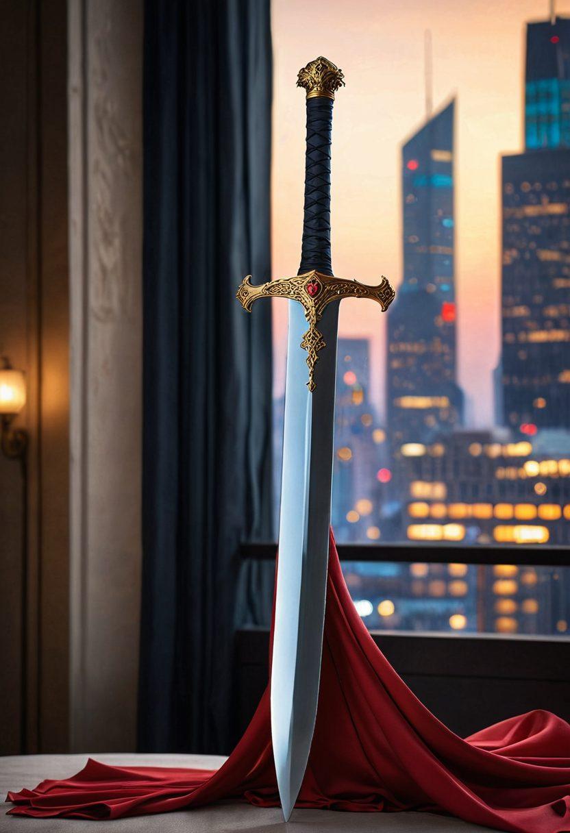A striking visual representation of a sword with one side embodying sensual elements like soft fabrics and alluring silhouettes, while the other showcases images of caution symbols and societal reflections. Include a blurred cityscape in the background to symbolize the modern context of adult content consumption. The atmosphere should balance allure and responsibility. super-realistic. vibrant colors. soft lighting.