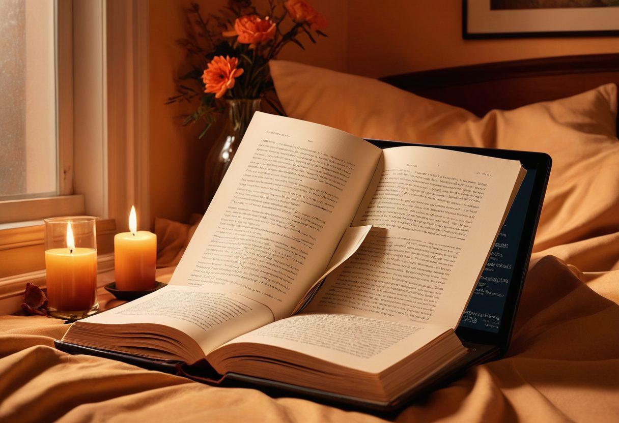 A visually intriguing collage representing the evolution from adult websites to erotic literature. Show a computer screen displaying a web browser with adult content fading into an open book filled with romantic, erotic poetry. Include elements like soft candlelight, silk sheets, and subtle hints of digital art blending into traditional illustrations. The background should have a smooth gradient, transitioning from vibrant digital blues to warm literary browns, capturing the intimate connection between digital and print. super-realistic. warm colors. soft focus.